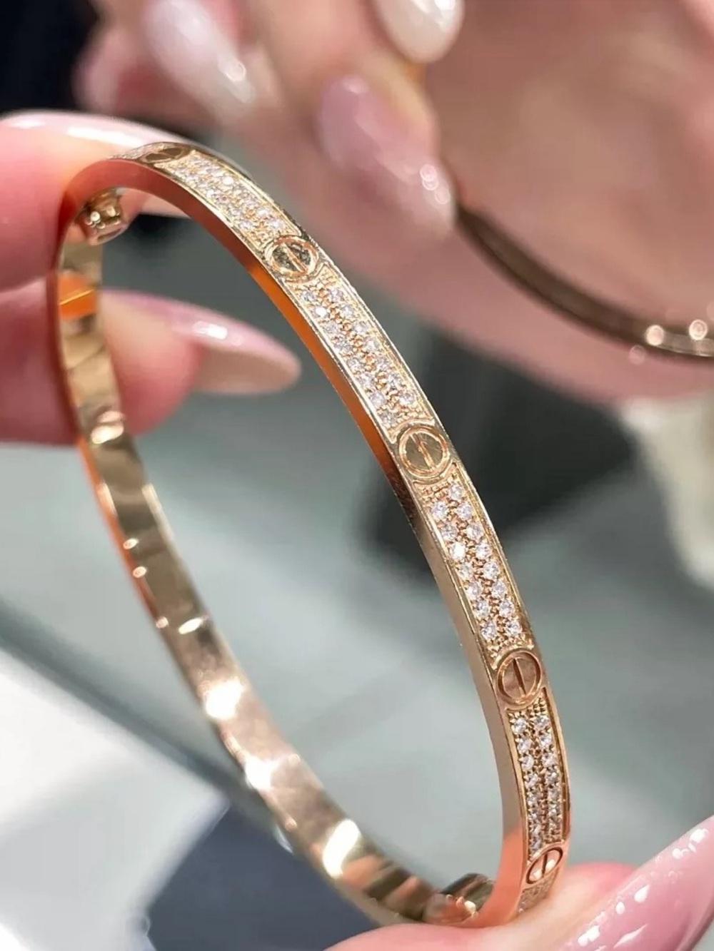 Rose Gold Paved Screw-Accent Bangle Bracelet